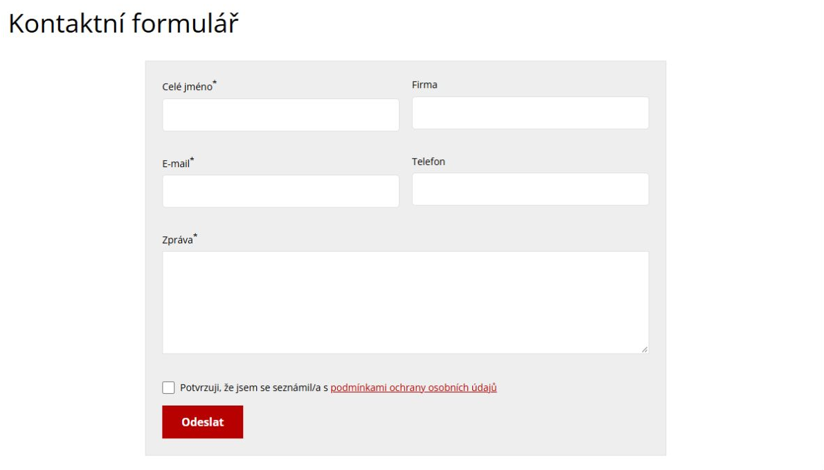 Kontaktní formulář na webu s poli Celé jméno, Firma, E-mail, Telefon a Zpráva