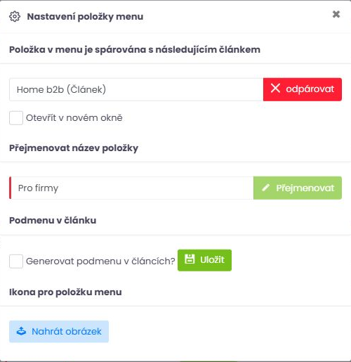 Přiřazení B2B úvodního článku položce menu