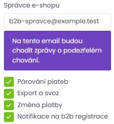 Volba oznámení o B2B registracích
