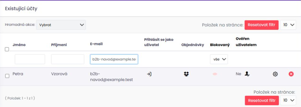 Vyhledání testovacího zákazníka