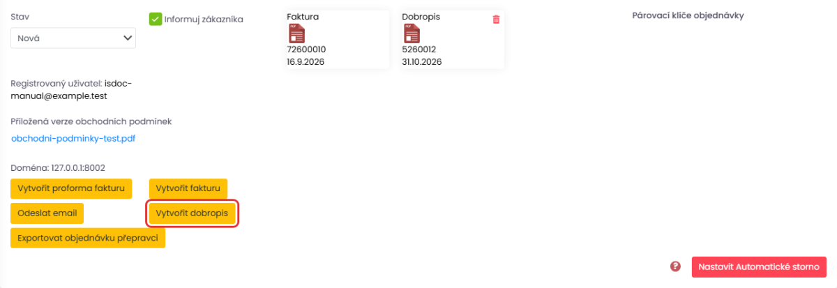 Volba Vytvořit dobropis
