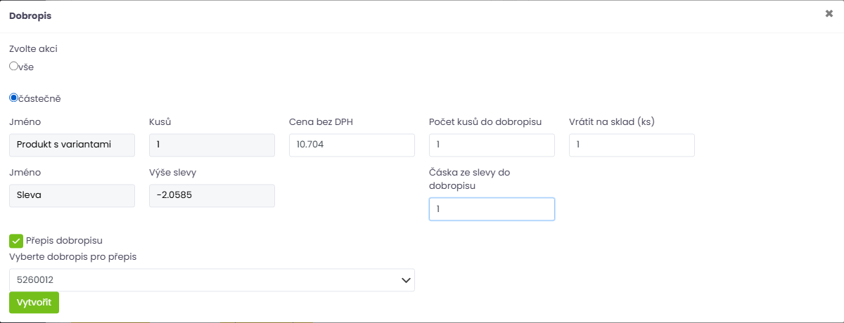 Částečný dobropis a vrácení na sklad